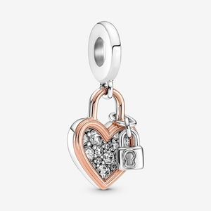 Genuine S925 Sterling Silver, 2 tone Heart & Padlock Pandora Moments Style Charm